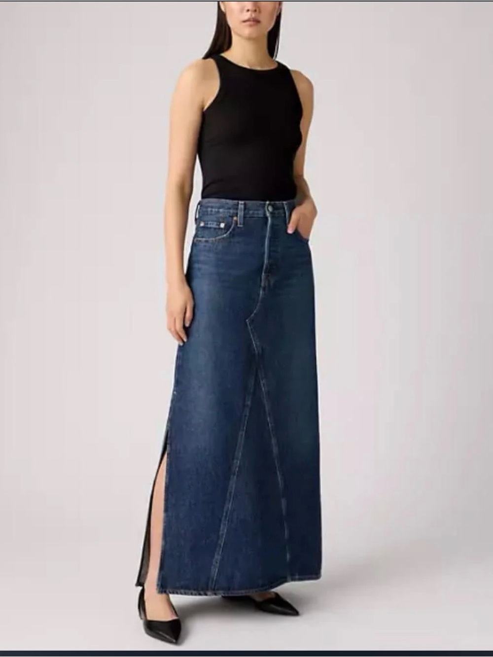 Levi's Womens Iconic Long Skirt Blue - Dark Wash Denim Maxi Skirt with size 28